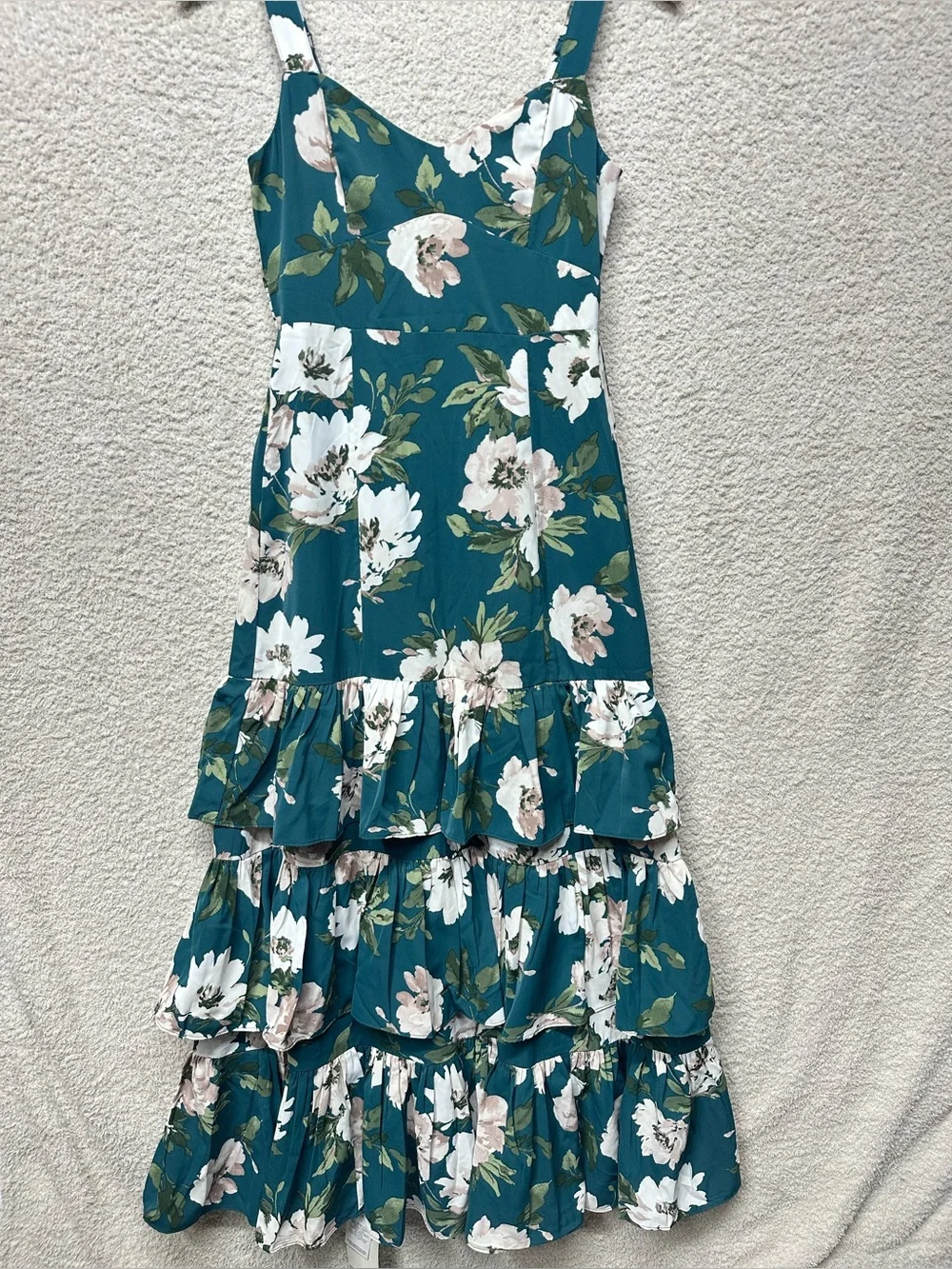 Abercrombie & Fitch Floral Tiered Ruffle Midi Dress Teal XS Petite NWT